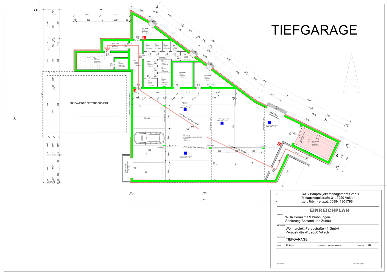Villach — vollständiger Grundriss Tiefgarage